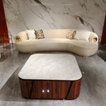 Modern Coffee Table with Marble-Effect Top and High-Gloss Natural Wood Veneer